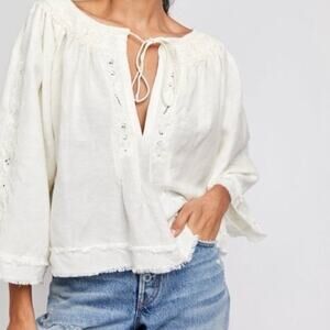 Free People Sun Valley Embroidered Top XS Ivory Boho Indie Festival Style